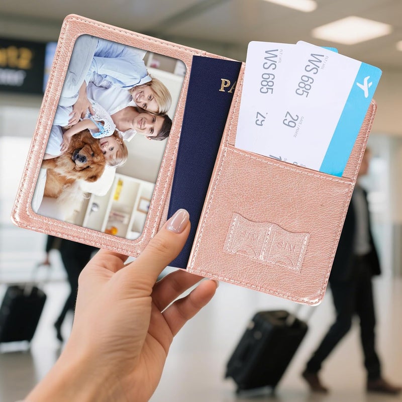 RHOttbiy Passport Holder for Travel, RFID Blocking Passport Cover with Pen Holder Leather Passport Wallet Case Travel Must Haves Accessories Passport Book Card Holder for Family Travel Essentials, Rose Gold - Image 2
